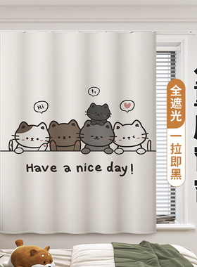 儿童房窗帘遮光2024新款免打孔轨D道男女孩卧室小窗户短遮阳布简