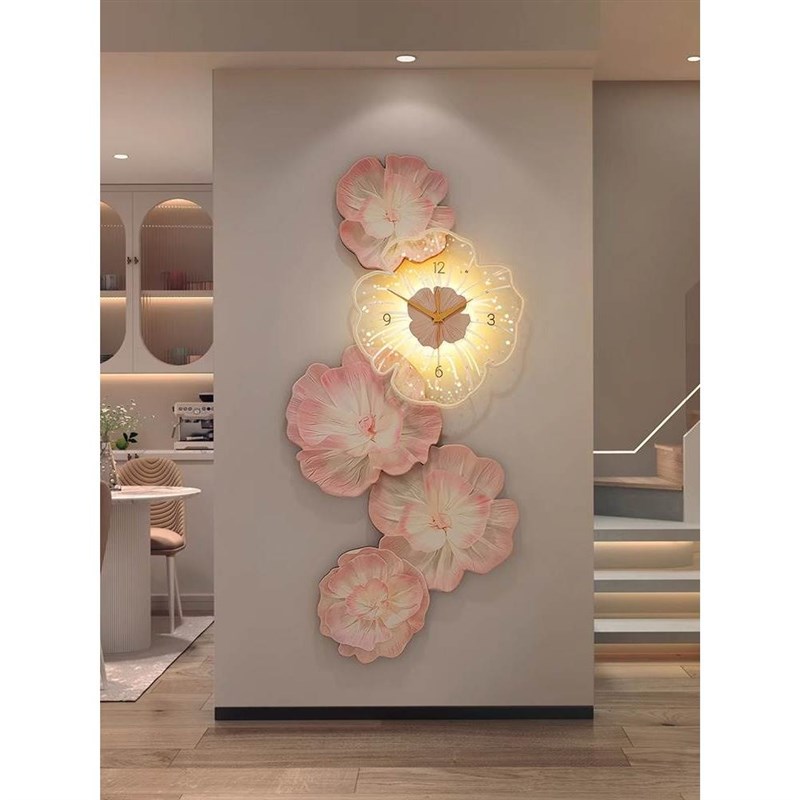 牡丹花电视背景墙装饰画入户玄关过道挂画高级感壁画钟表客厅挂钟图片