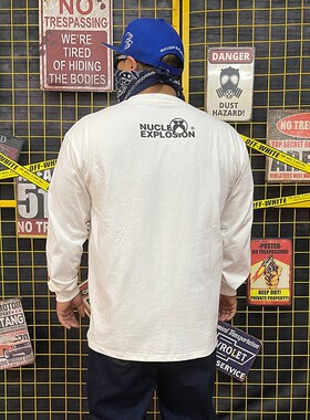 核爆炸电椅个性丝网印花春秋圆领重磅白色宽松大码长袖T恤男