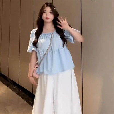 大码法式方领泡泡袖衬衫阔腿裤两件套女夏季胖mm巨显瘦时尚套装