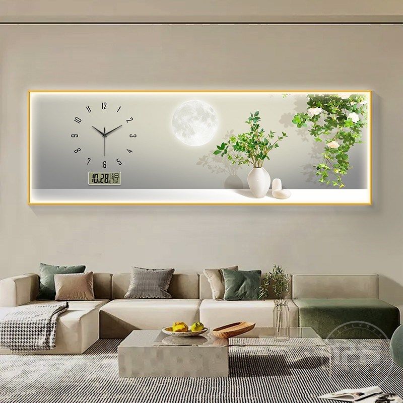 清新绿植客厅装饰画带钟表沙发背景墙壁万年历电子钟挂画茶室灯画