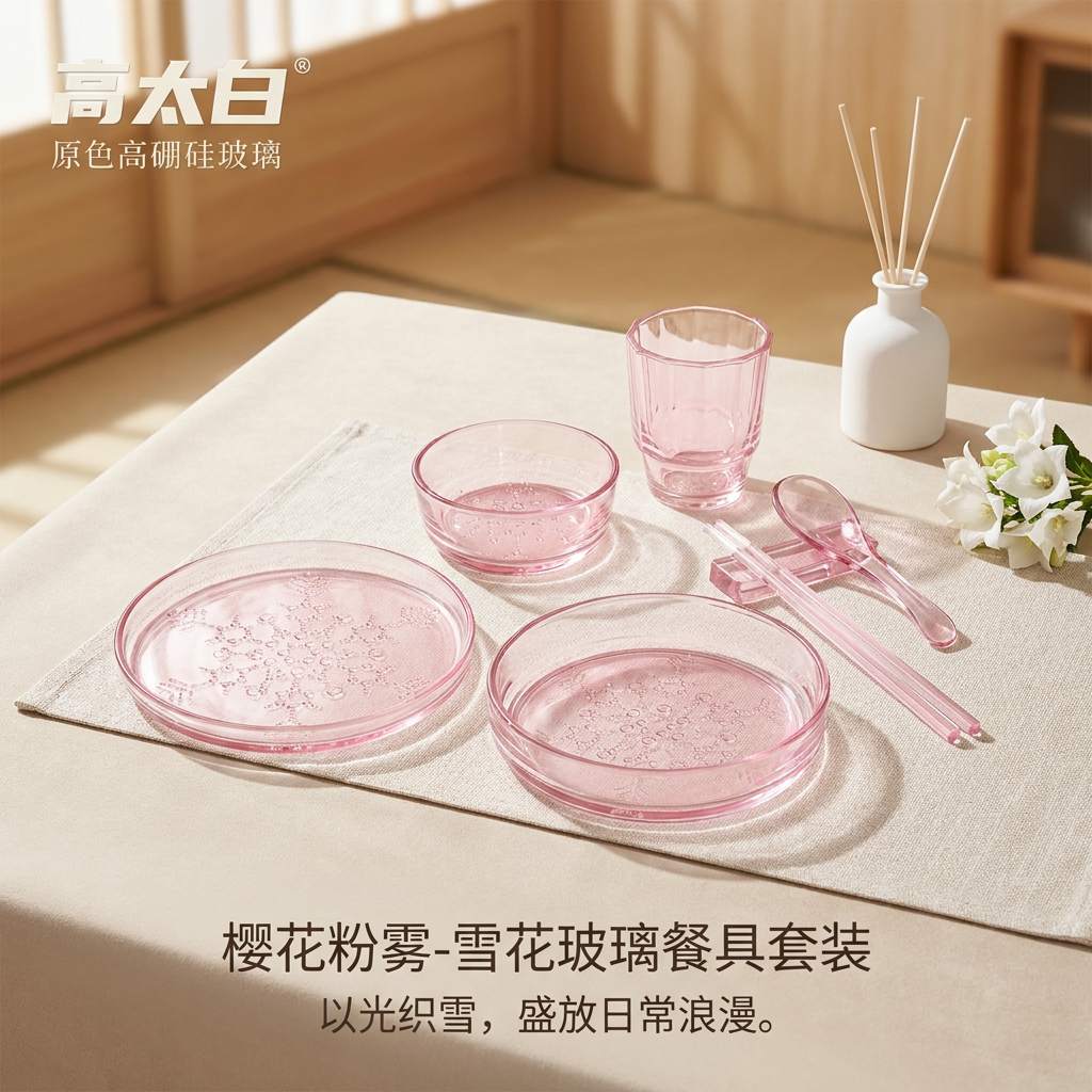高太白粉色高硼硅玻璃餐具套装										
