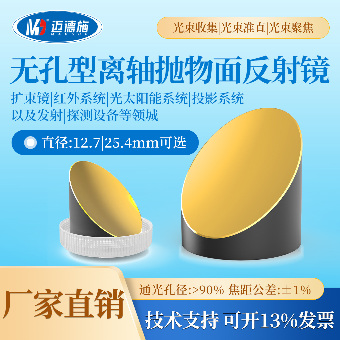 厂家直销无孔型90度离轴抛物面反射镜保护铝/银/金膜光学聚焦镜