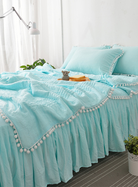 少女心水洗棉夏被床裙四件套公主风梨花毛球球薄被V子夏凉被空调