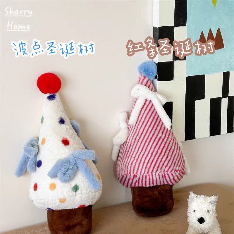 新年圣诞树抱枕ins风红色条纹彩色波点兔兔绒飘窗车载沙发靠枕垫