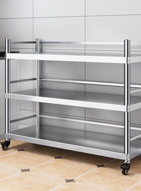 带轮不锈钢架可移动置p物架厨房带围栏微波炉烤箱架子三层落地锅