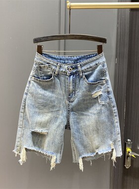 浅蓝色破洞毛边牛仔五分裤女欧货2024夏K季薄款宽松直筒阔腿裤中
