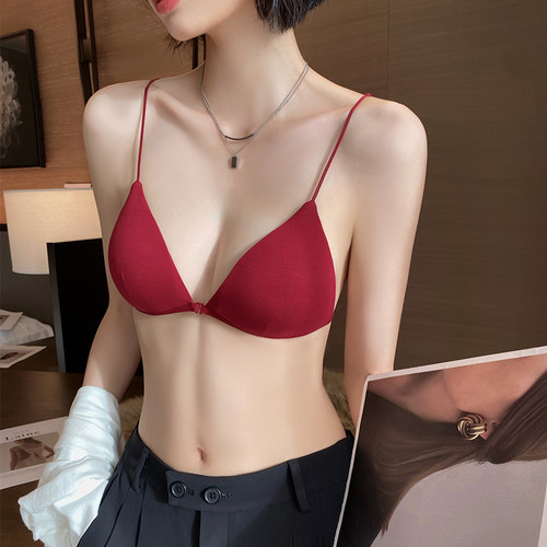 红色内衣套装女结婚新娘本命年法式E小胸三角杯细肩带美背前扣文