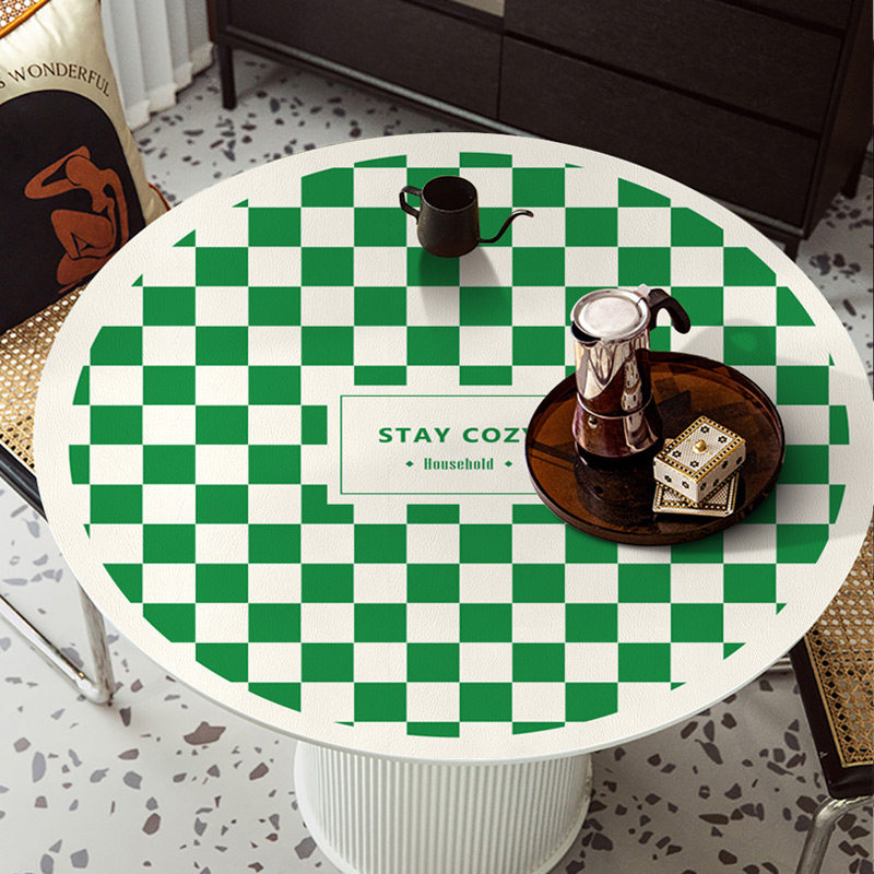 棋盘格圆桌皮革桌布防水防油免洗防烫家用餐桌垫圆形台布pvc桌垫