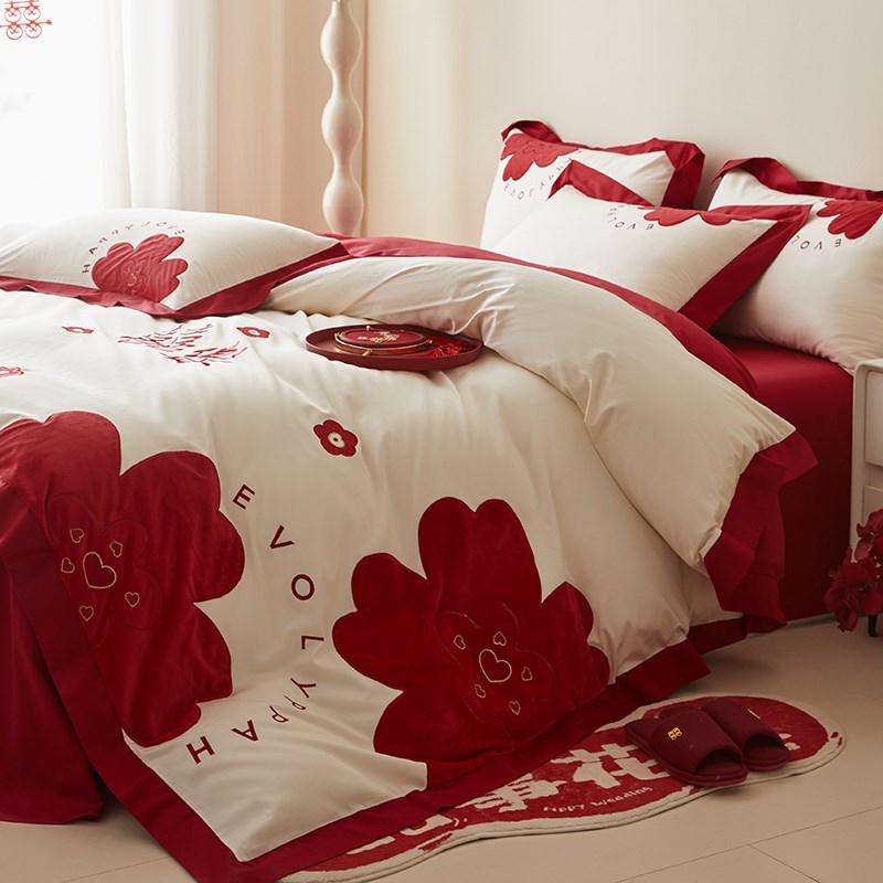 2024新款亲肤棉贴布绣婚庆四件套结婚红色高级感被套床单床上用品