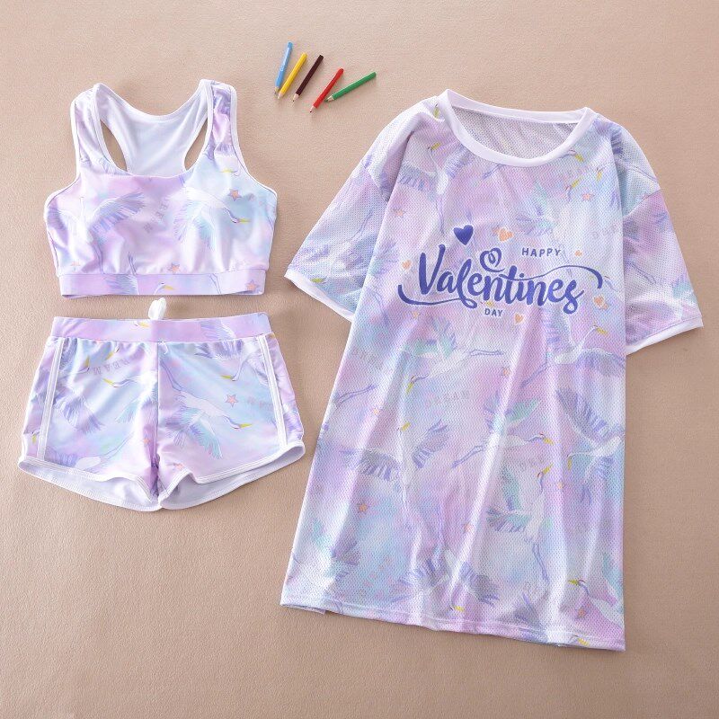 女大童游泳衣分体女孩三件套中学生泳装12-15岁