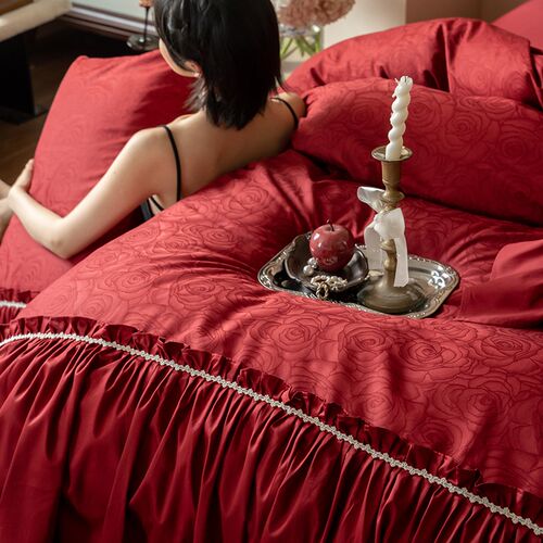高级感婚庆四件套100S长绒棉玫瑰暗纹提K花被套红色结婚用床上用