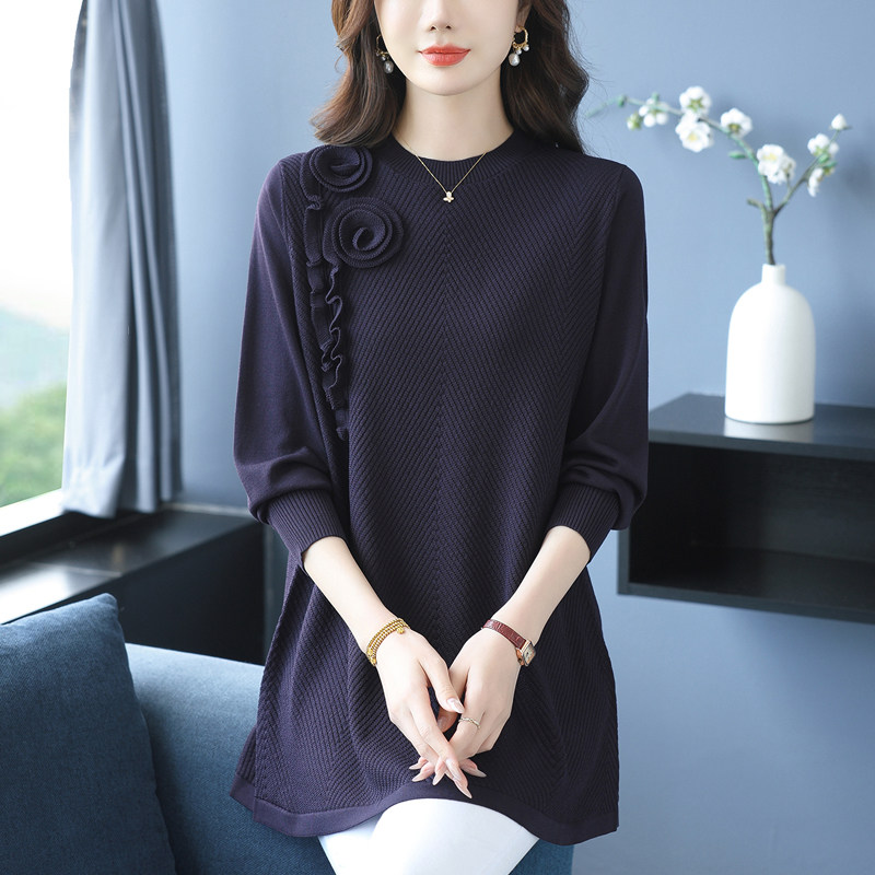 妈妈装中长款羊毛衫女立花毛衣裙时尚秋冬宽松特大码针织圆领上衣