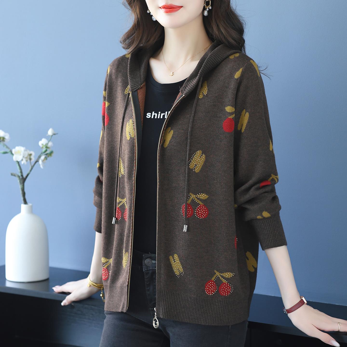 春秋连帽毛衣外套女特大