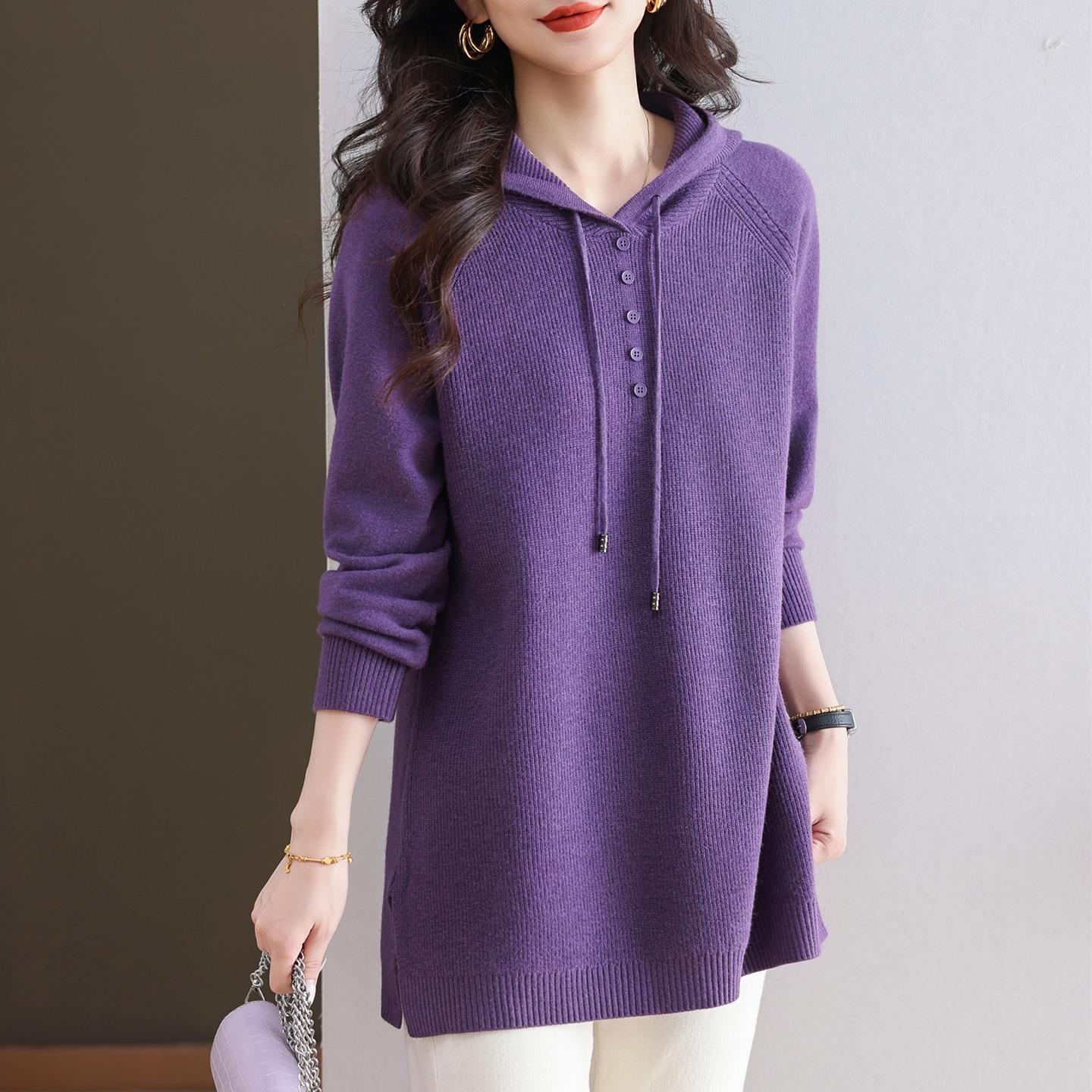 胖mm秋冬连帽针织衫女中