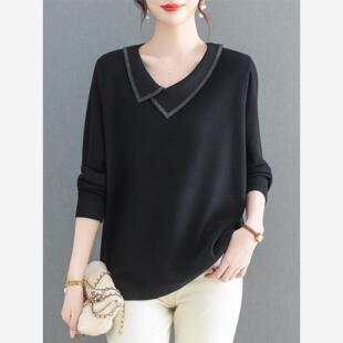 洋气减龄毛衣打底衫 女中年宽松大码 上衣 翻领针织衫 胖妈妈春秋新款