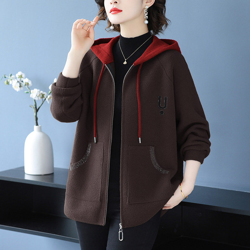 中年妈妈秋冬装新款连帽拉链针织开衫休闲加肥加大码女装毛呢外套