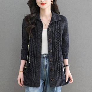 中长款羊毛针织开衫女秋冬新款麻花毛衣外套宽松加大码高级感外搭