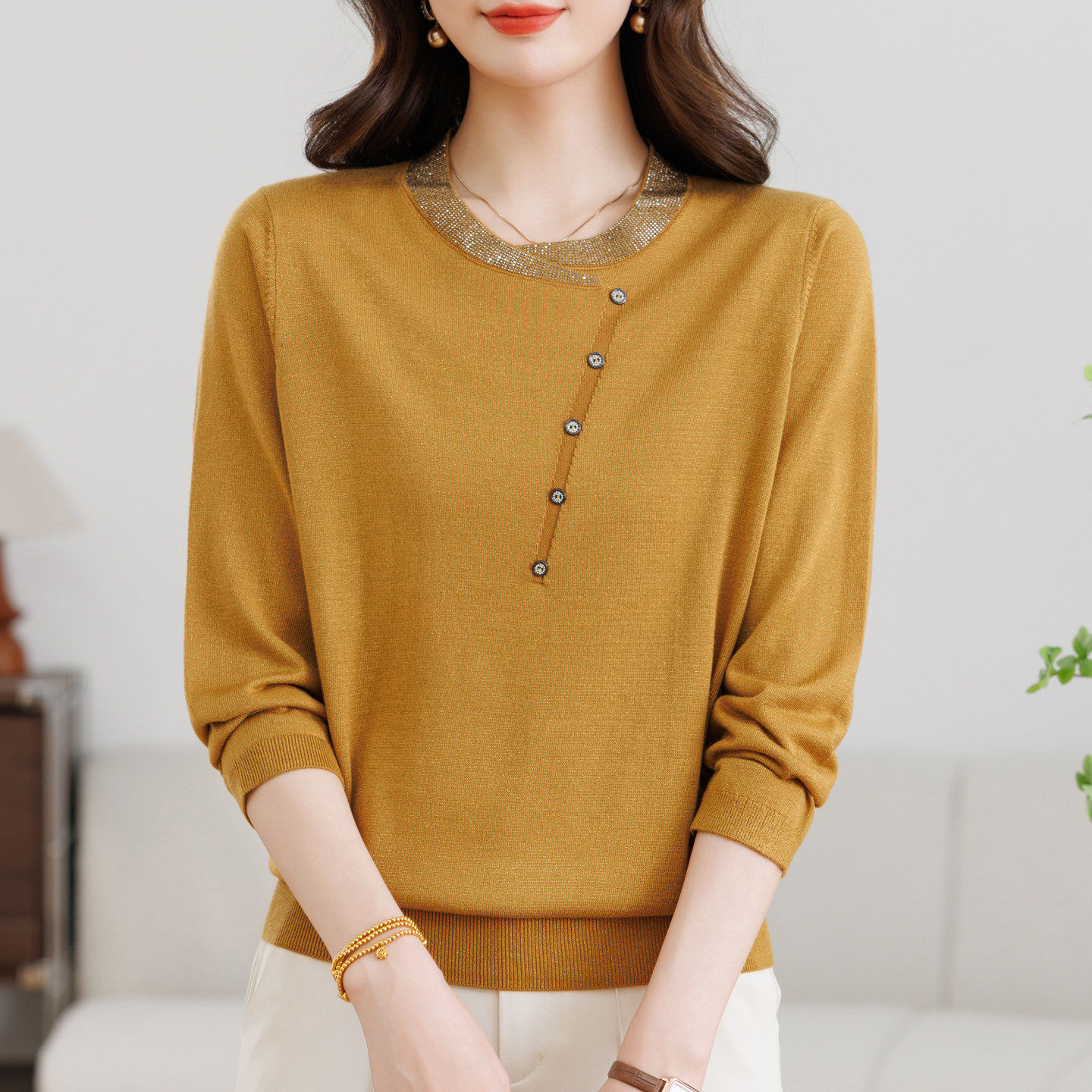 中年妈妈装春秋薄款圆领钮扣针织衫女九分袖T恤宽松大尺码显瘦上,女装/女士精品,中老年女装,淘宝优惠券,粉丝福利购,淘宝优惠卷