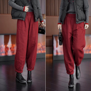 高腰显瘦灯笼裤女红色2026新款宽松哈伦休闲裤女大码加绒加厚棉裤