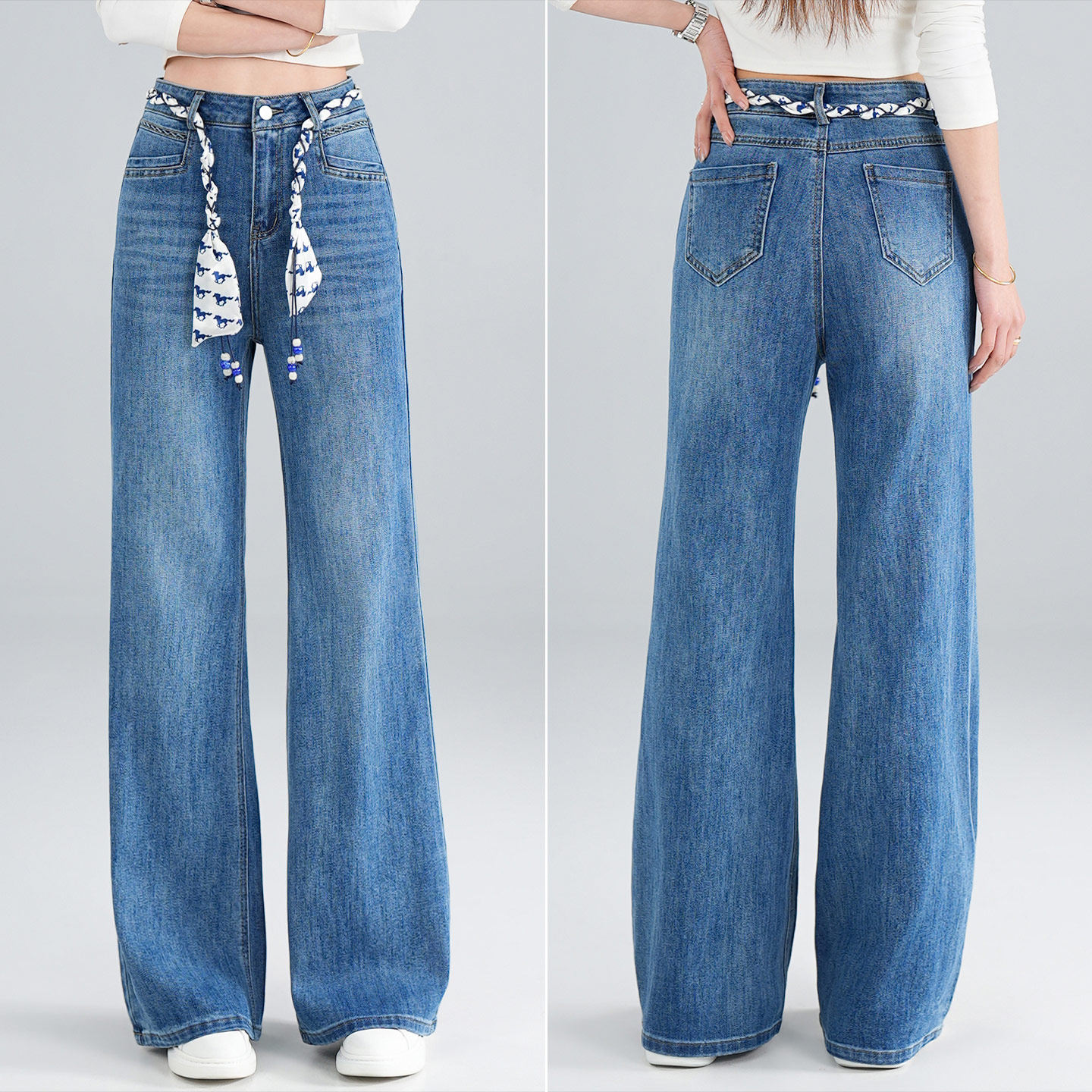 高腰显瘦微喇牛仔裤女2026早春新款丝巾腰带修身喇叭梨型身材长裤,女装/女士精品,牛仔裤,淘宝优惠券,粉丝福利购,淘宝优惠卷