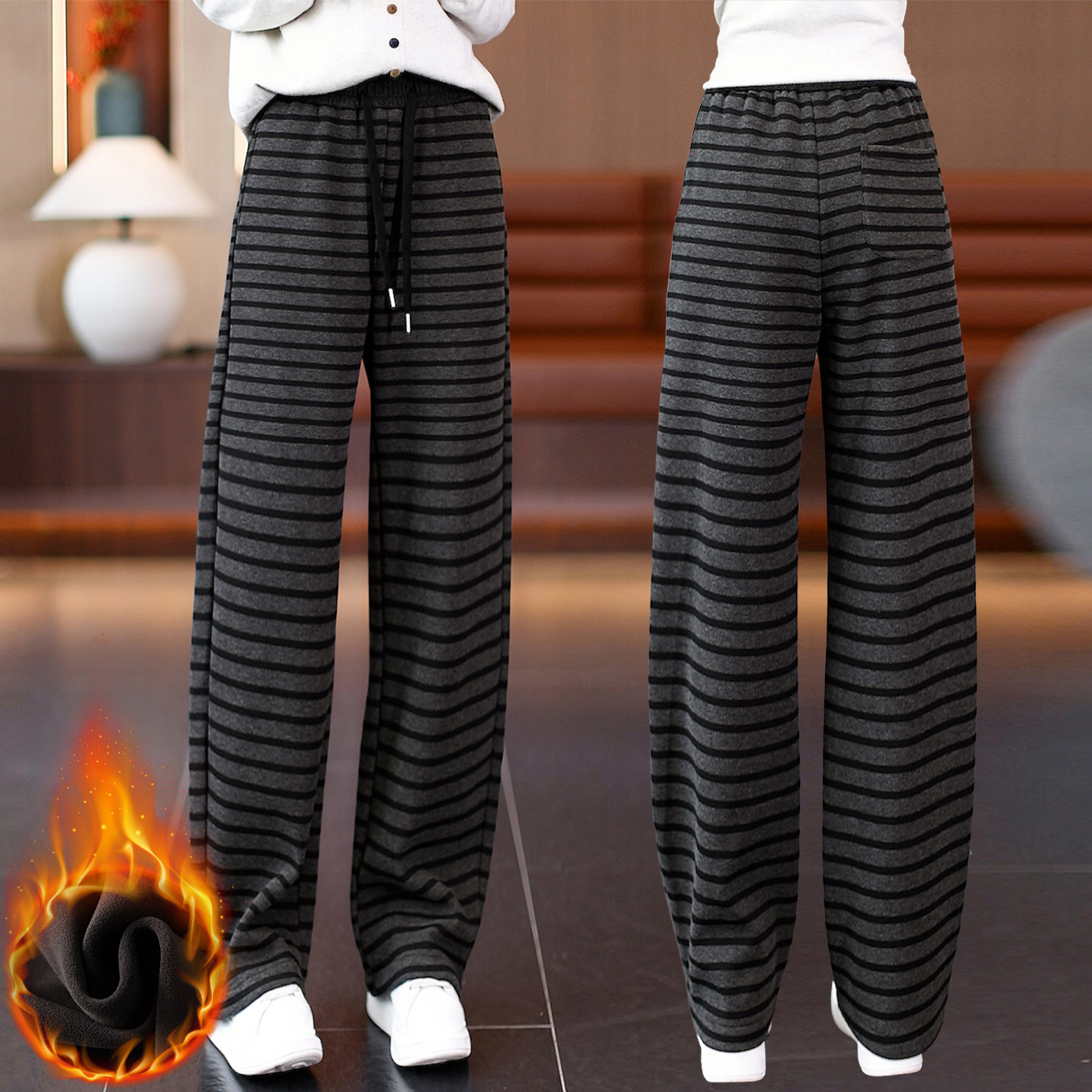 条纹针织弯刀裤女秋冬高腰宽松加绒阔腿休闲裤慵懒松弛感运动长裤,女装/女士精品,休闲裤,淘宝优惠券,粉丝福利购,淘宝优惠卷