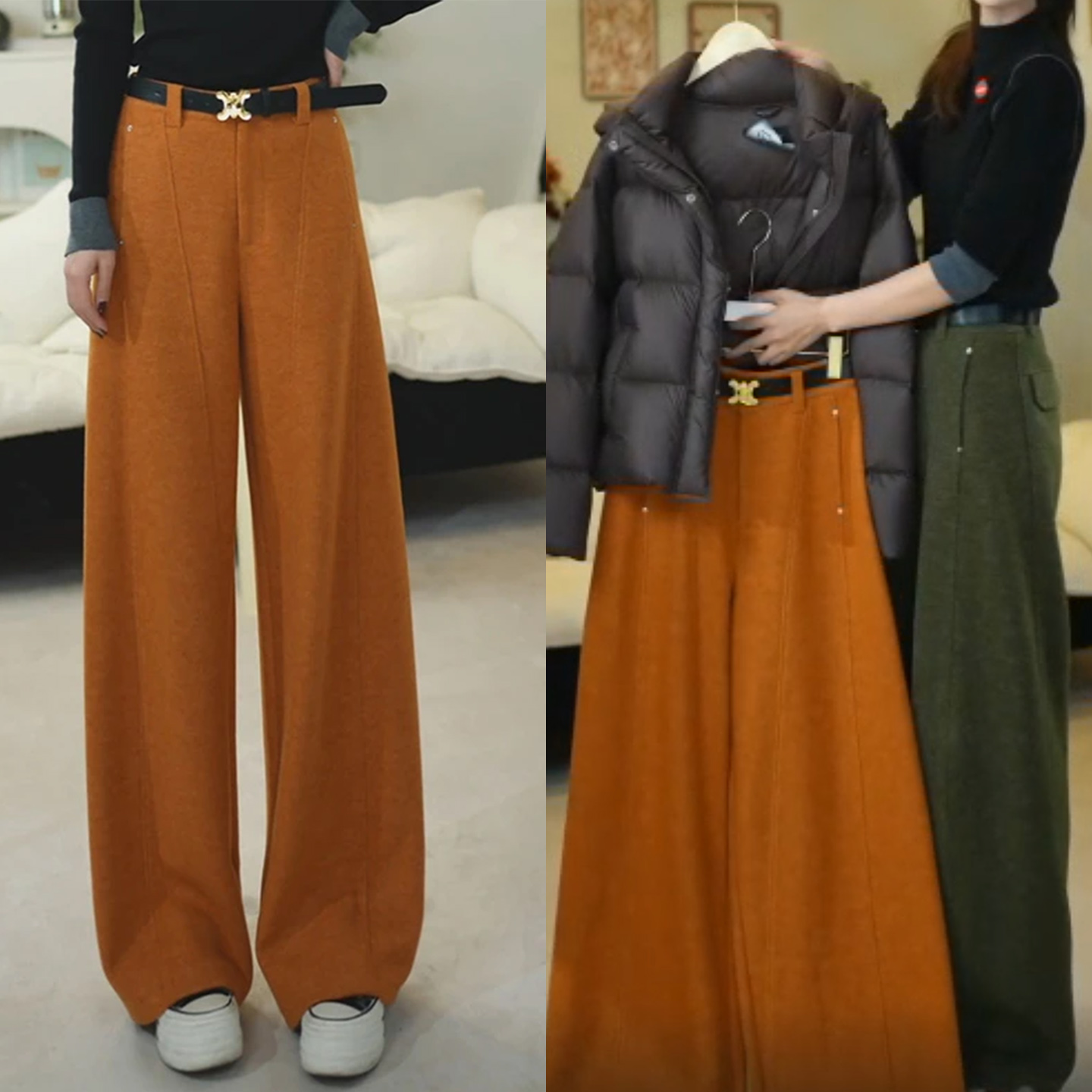 南瓜橙羊毛弯刀阔腿裤秋冬款