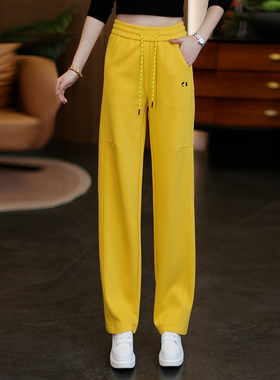 黄色松紧休闲卫裤女春秋新款高腰显瘦百搭宽松微弹运动直筒窄版裤