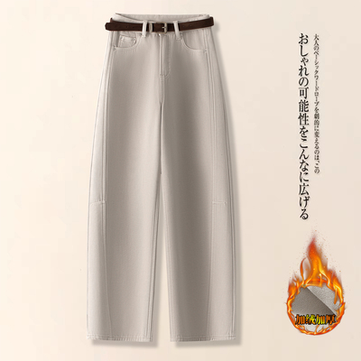 卡其色加绒高腰阔腿牛仔裤女秋冬