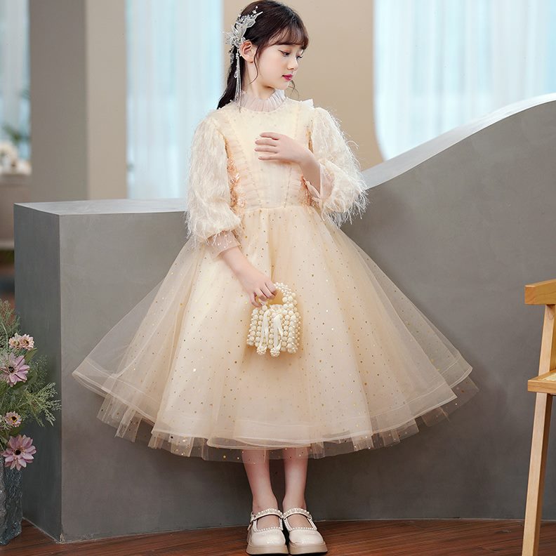 女童礼服高端小女孩公主裙网纱婚礼花童演出服主持人秋冬轻奢亮片