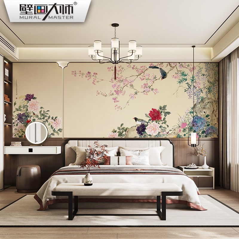 2025b新款花开富贵墙纸牡丹壁布背景墙壁纸新中式花鸟墙布硬包壁