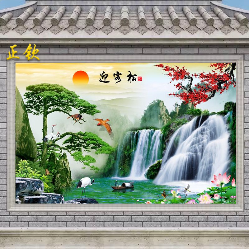 瓷砖背景墙山水风景画 户外围墙外墙画 学校外墙砖 迎Y门墙 迎客