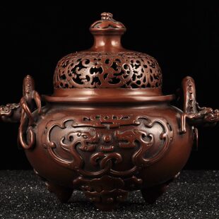 紫铜螭龙纹三足薰香炉摆件家用客厅茶室禅室静心香熏炉佛具用品