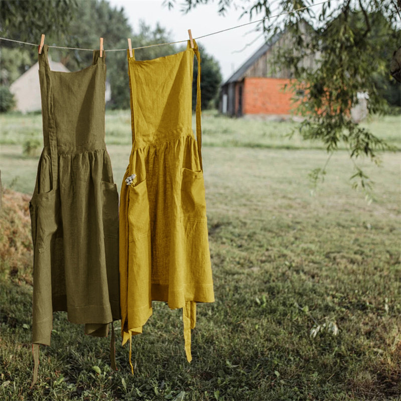 纯亚麻围裙透气美甲画画花艺师花店餐厅工作服女新款百褶裙可定制