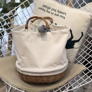 韩国ins草编包草编帆布拼接包包藤编包手提帆布袋编织包女手提包