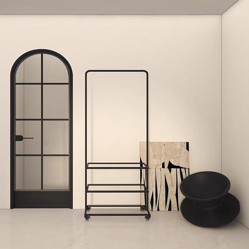 服装店橱窗展示架多层陈列架黑色哑光带玻璃层架挂衣架服装展示架