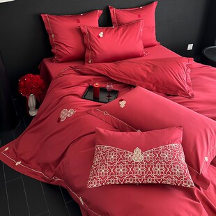 新年福禄锦鲤红婚庆四件套全棉100支刺绣结婚被套床单1.8床上用品