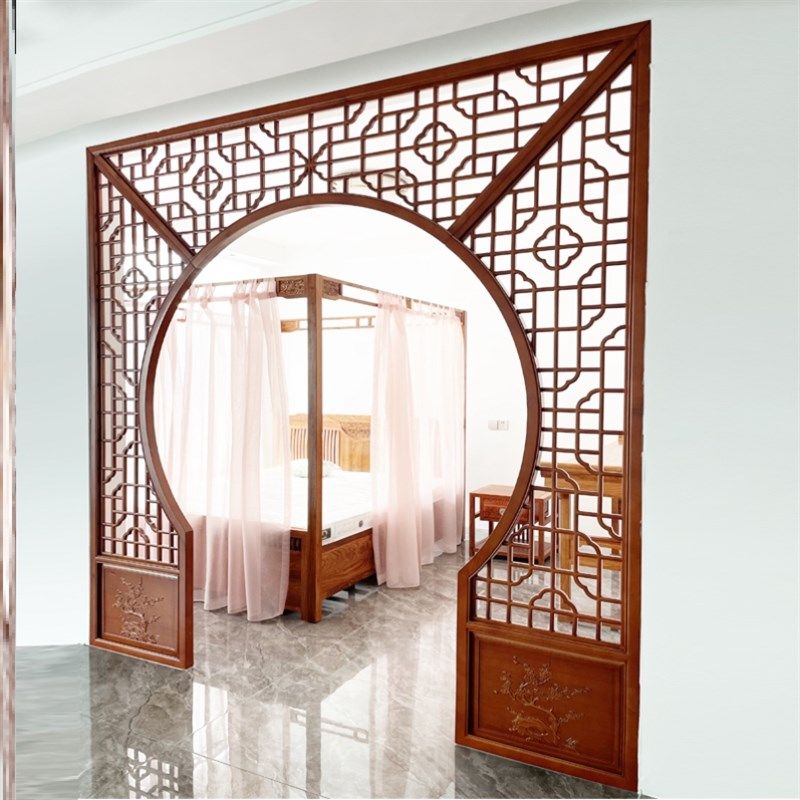 新中式实木伸缩月洞门博古架客厅门隔断多宝阁月亮拱门玄关展示柜