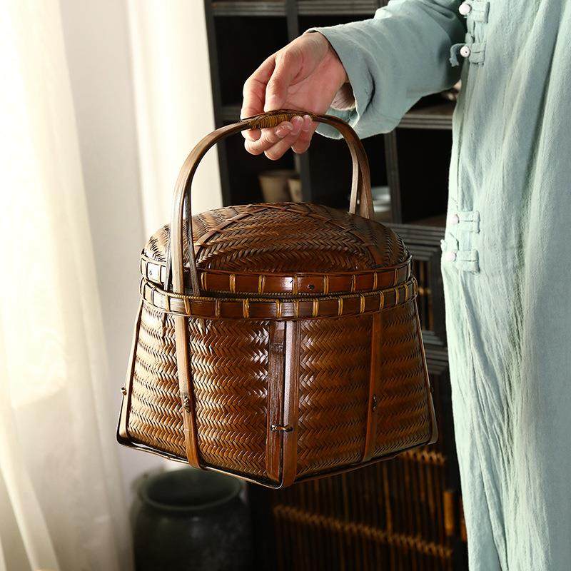 20221125中式竹编圆口小提篮茶具筐收纳篮餐野竹旧筐盖做箩茶室收,收纳整理,脏衣篮,淘宝优惠券,粉丝福利购,淘宝优惠卷