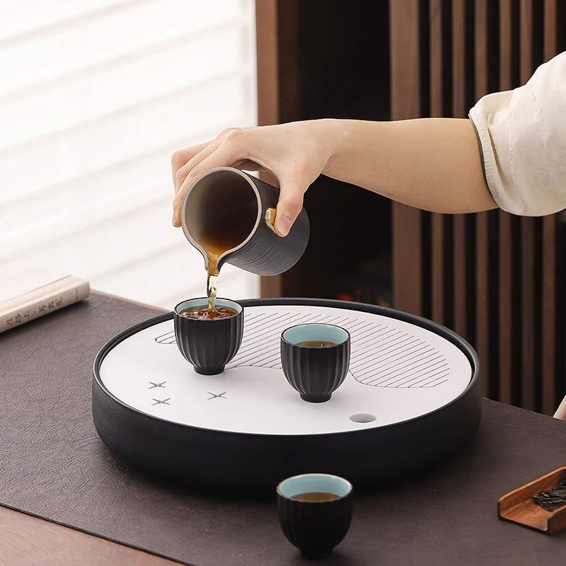 日式茶盘大号干泡盘茶台家用全陶瓷简约储水盘圆形办公室茶托茶海
