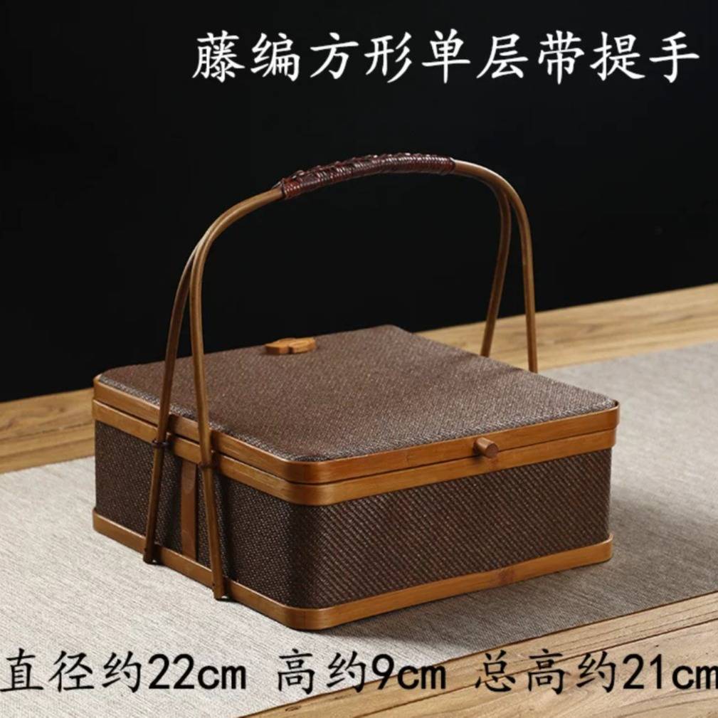 藤编收纳盒家用多层圆形复古餐食盒提篮便携茶具收纳纯手工竹编