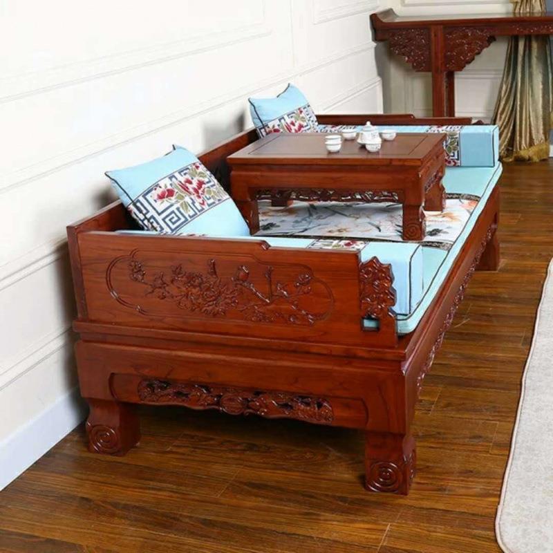代中式实罗汉床沙发床榻现榆木RTY罗汉木床仿古水雕花罗山汉床美