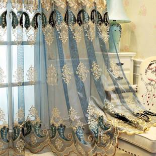 跨境成品现MDL货四客厅餐厅阳台地落窗欧式绣遮阳季窗纱纱帘刺蓝