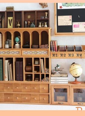 ?杉复古面盒收纳抽屉式叁木质置物柜手账文具PJ19901画笔书桌整桌