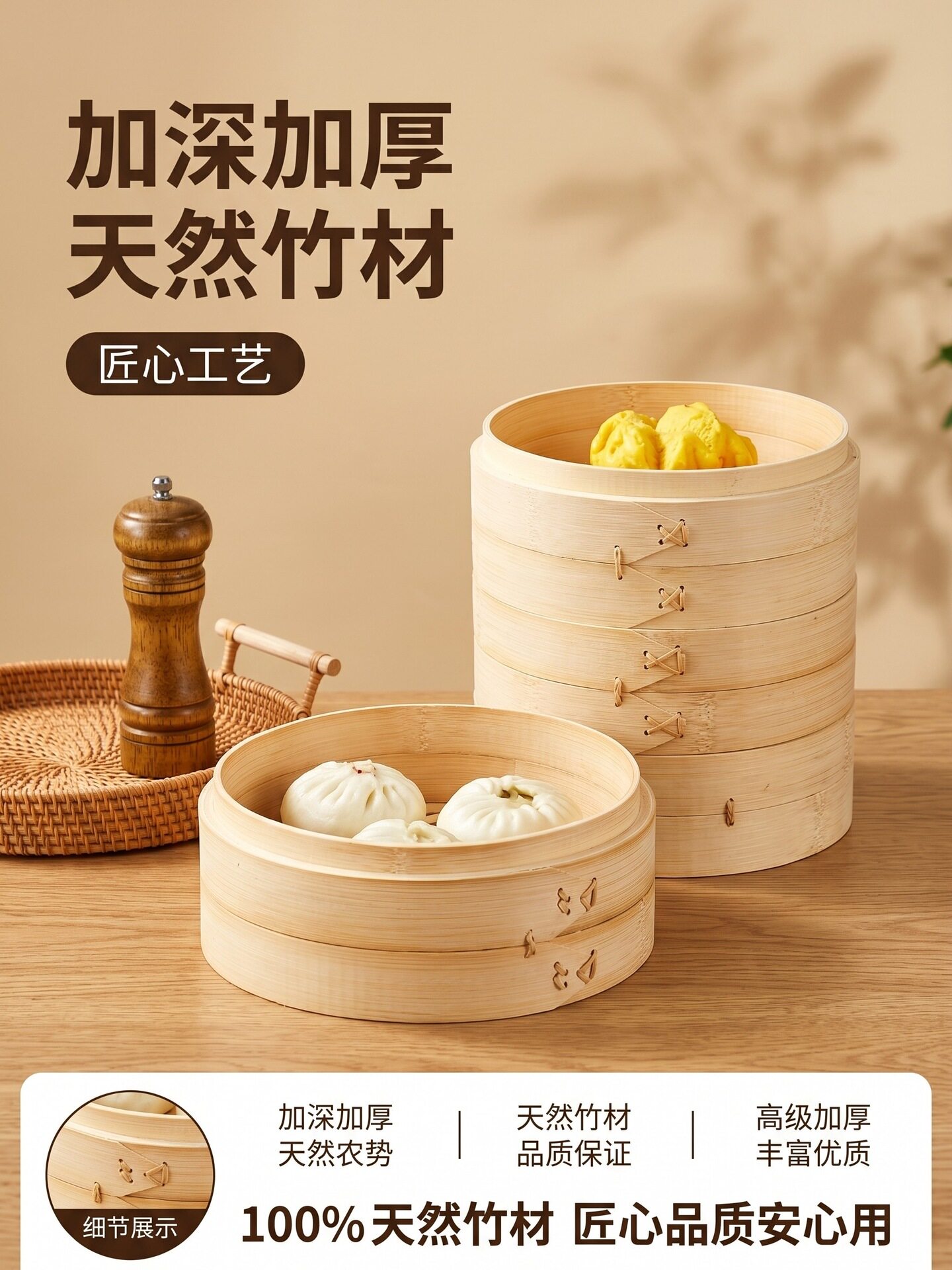 竹蒸笼家用加深加高纯手工全竹笼屉小蒸包子馒头饺子竹制蒸格
