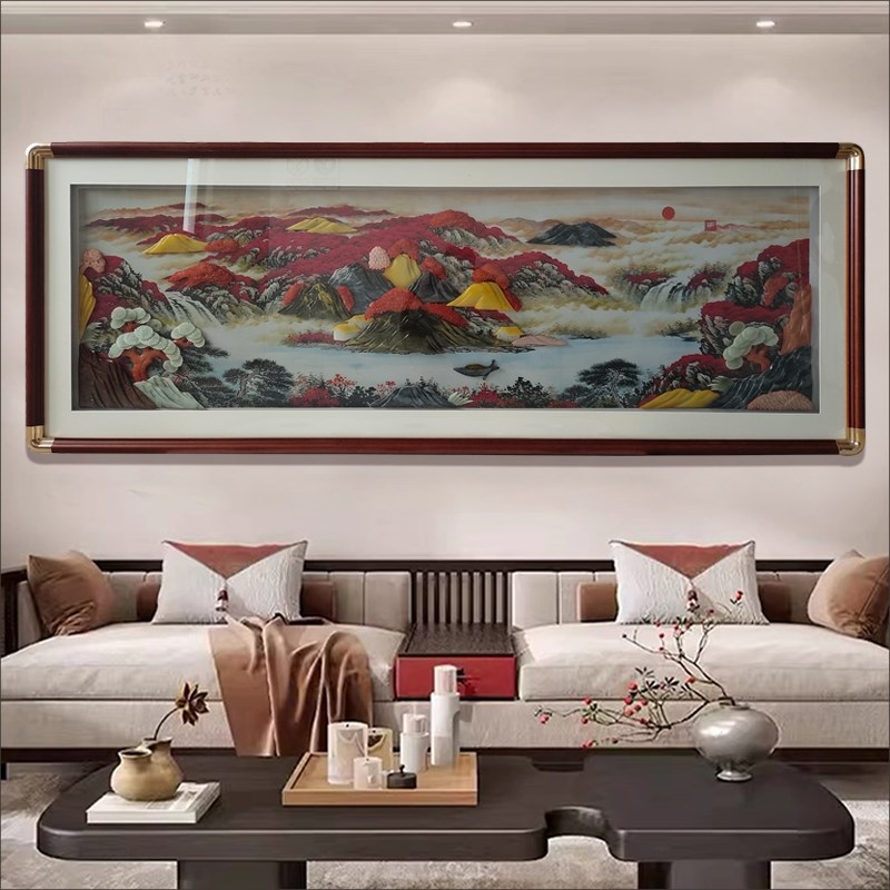 新中式客厅装饰画沙发背景墙挂画牌匾立体浮雕玉雕画带玻璃图片