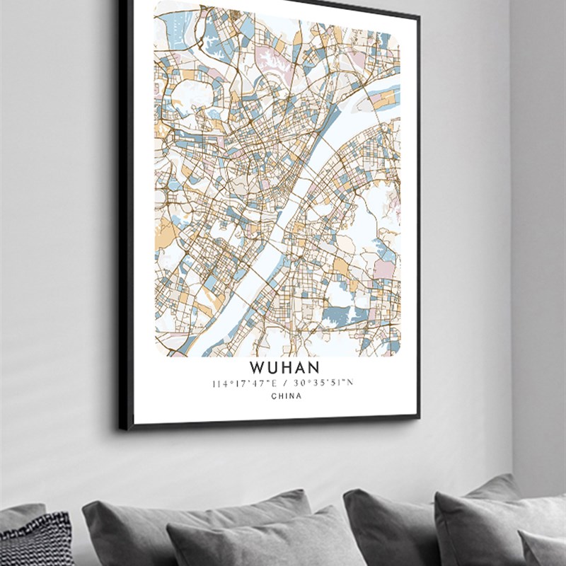 鳟鱼 定制办公室线描城市地图装饰画 客厅沙发背景墙挂画公司壁画图片