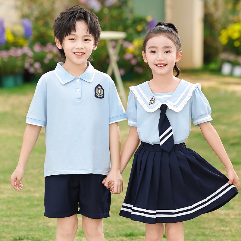 幼儿园园服夏装学院风蓝色纯棉儿童毕业照班服小学生校服套装夏季