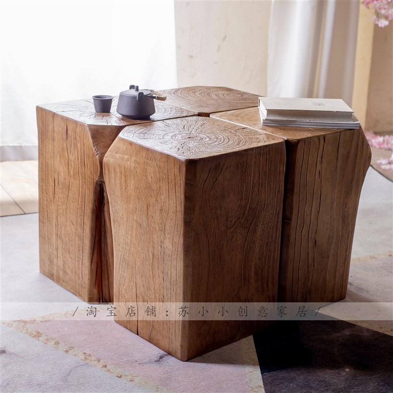 方形木墩实木墩子原木矮凳摆件底座茶几角几木桩凳个性边几侘寂风