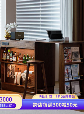 黑胡桃木可伸缩吧台餐p边柜一体家用实木酒柜岛台客厅阳台小隔断